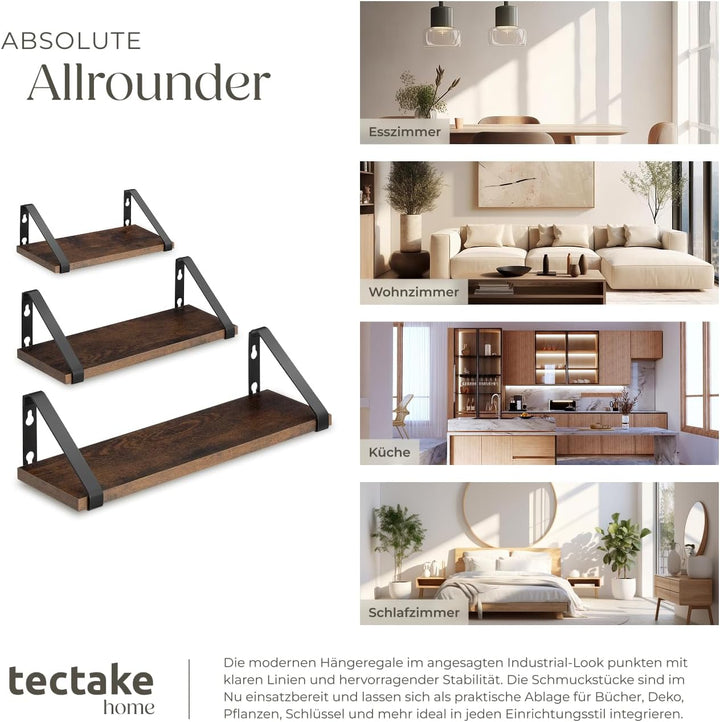 tectake® Industrial Wandregal Holz, 3X Regal Wand Set, Schweberegal, Regale 30/35/40 cm, Hängeregal,