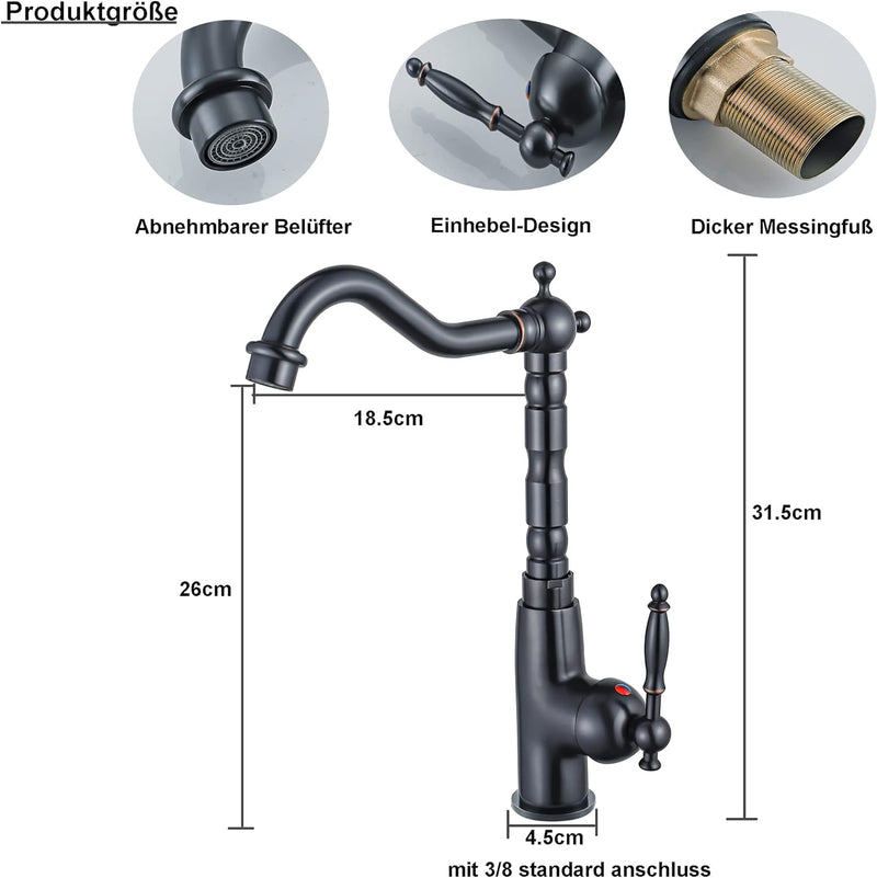BOAOTX Wasserhahn Küche Schwarz Retro, Küchenarmatur Antik, Spültischarmatur 360°Drehbar, Amatur Küc