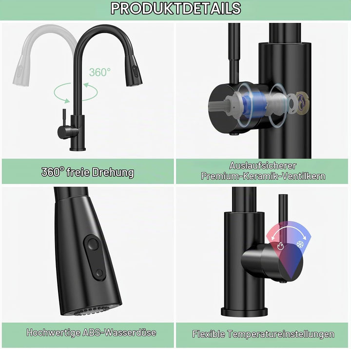 Amdoticknpf Wasserhahn Küche, Küchenarmatur Ausziehbar, Mischbatterie mit 360° Schwenkbar, Edelstahl