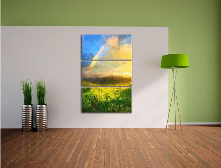 Pixxprint Berge mit Regenbogen am Himmel als Leinwandbild/Grösse: 3 Teilig (120x80 cm) cm/Wandbild/K