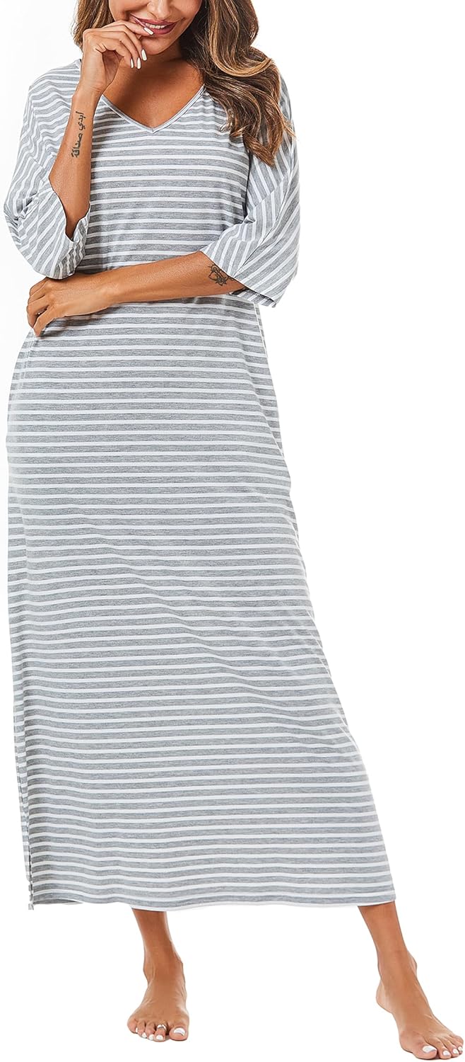 Uniexcosm Nachthemd Damen Lange Baumwolle 3/4 Ärmel Nachtkleid Nachtwäsche V-Ausschnitt Freizeitklei