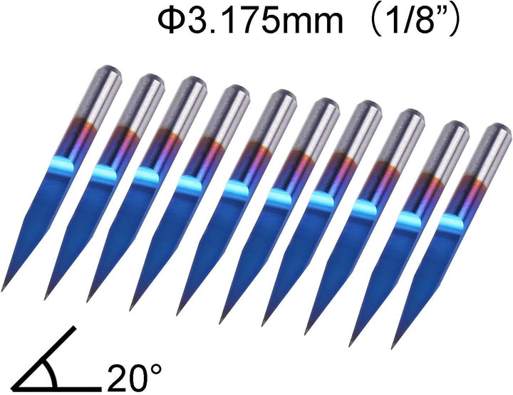 SainSmart Genmitsu 10Pcs Nano Blue Coat Gravierstichel, 20 Grad 0,1 mm Spitze 1/8 Zoll Schaft CNC Fr