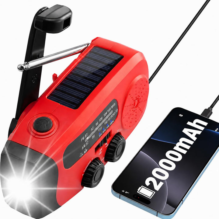1 Stück Solar Kurbelradio mit 3-LED Taschenlampe | Tragbares 2000mAh NI-MH Notfall Powerbank | IPX3