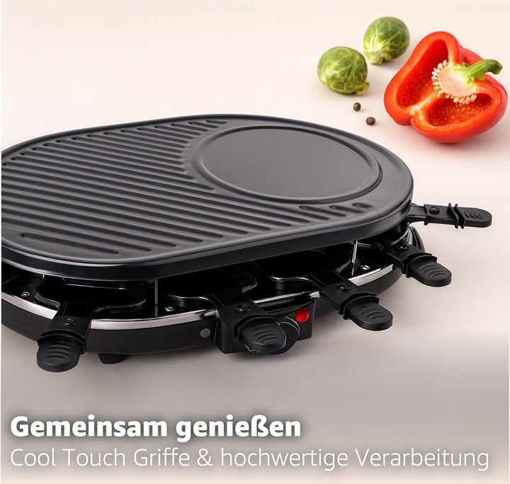 Raclette Set für 8 Personen mit Pfännchen & Schaber - Rostfrei & Regulierbar (Rund), Rund