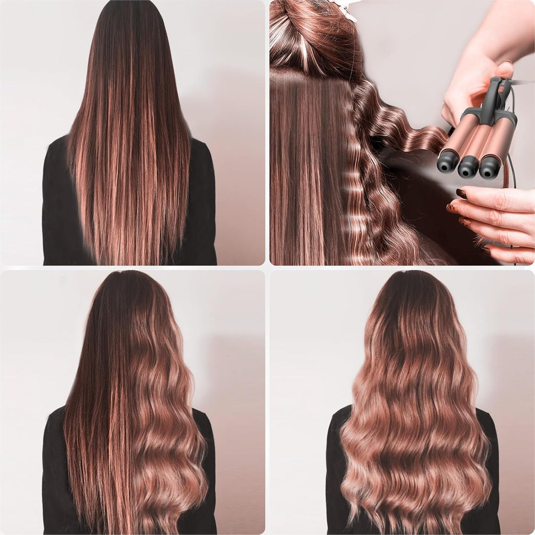 Lockenstab 3 Fässer, Beach Waves Welleneisen mit einstellbarer Temperatur, PTC Schnellheizung Schnel