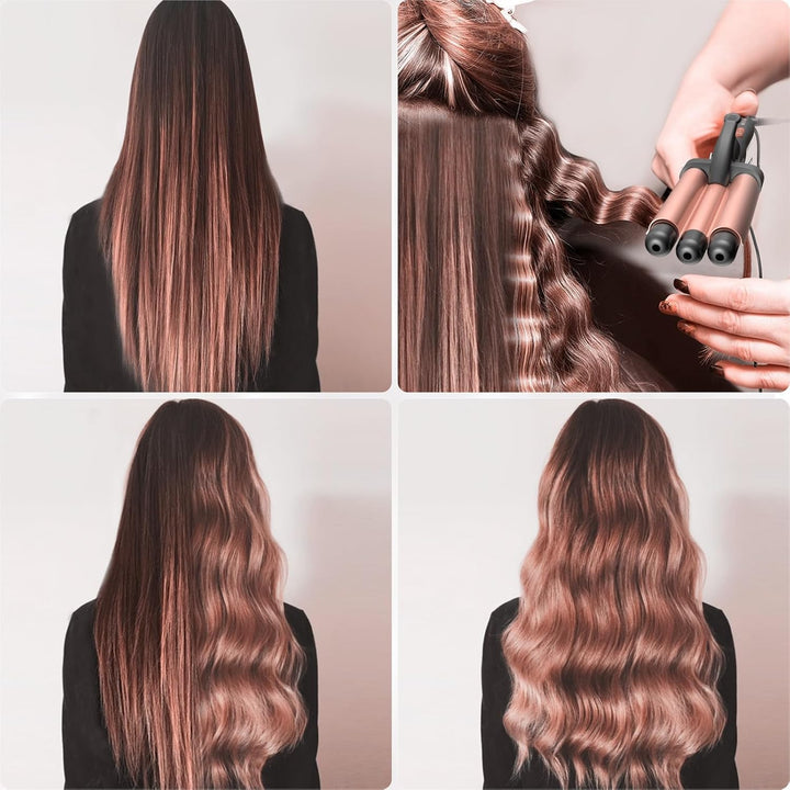 Lockenstab 3 Fässer, Beach Waves Welleneisen mit einstellbarer Temperatur, PTC Schnellheizung Schnel