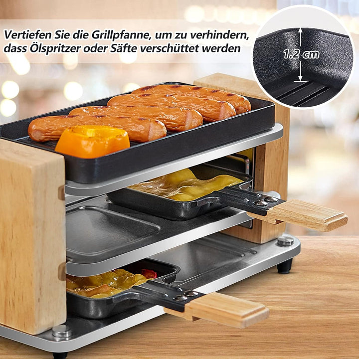 Raclette Grill 2 Personen mit Antihaft beschichteter gestreifter Grillplatte, Mini Grill Raclette mi