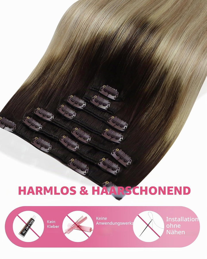YoungSee Echthaar Extensions Clip Balayage Clip in Extensions Echthaar Braun Blond 35cm Extensions C