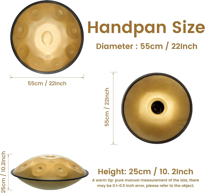 GLADFRESIT 432hz Handpan Steel Drum 9 Notes 22inch "GOLD Performer" in D Minor with handpan stand, h