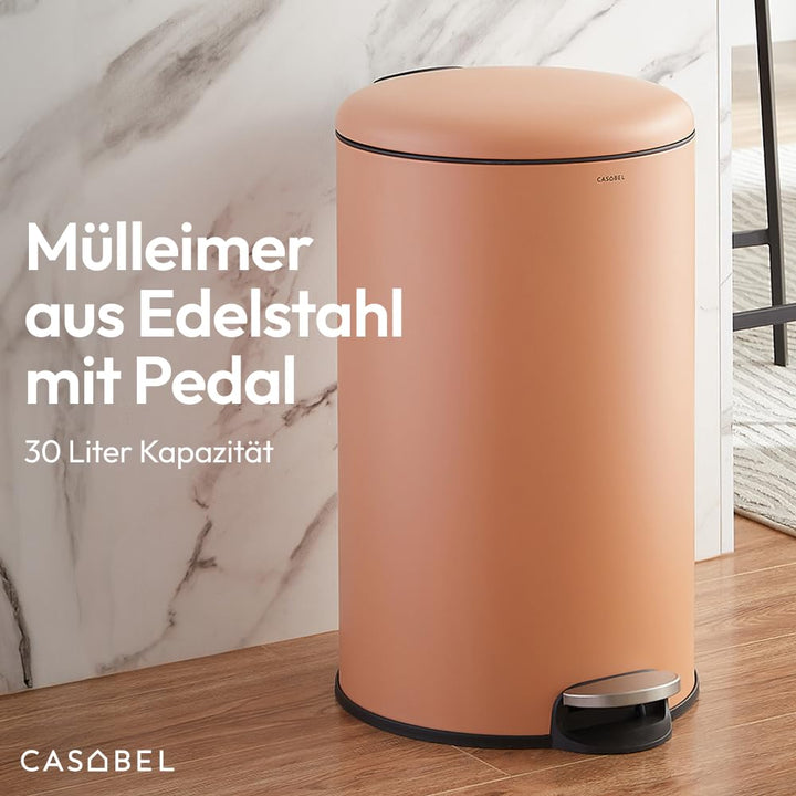 CASABEL Mülleimer Küche 30L - 100% Edelstahl, Resistent gegen Fingerabdrücke, Runder Treteimer mit F
