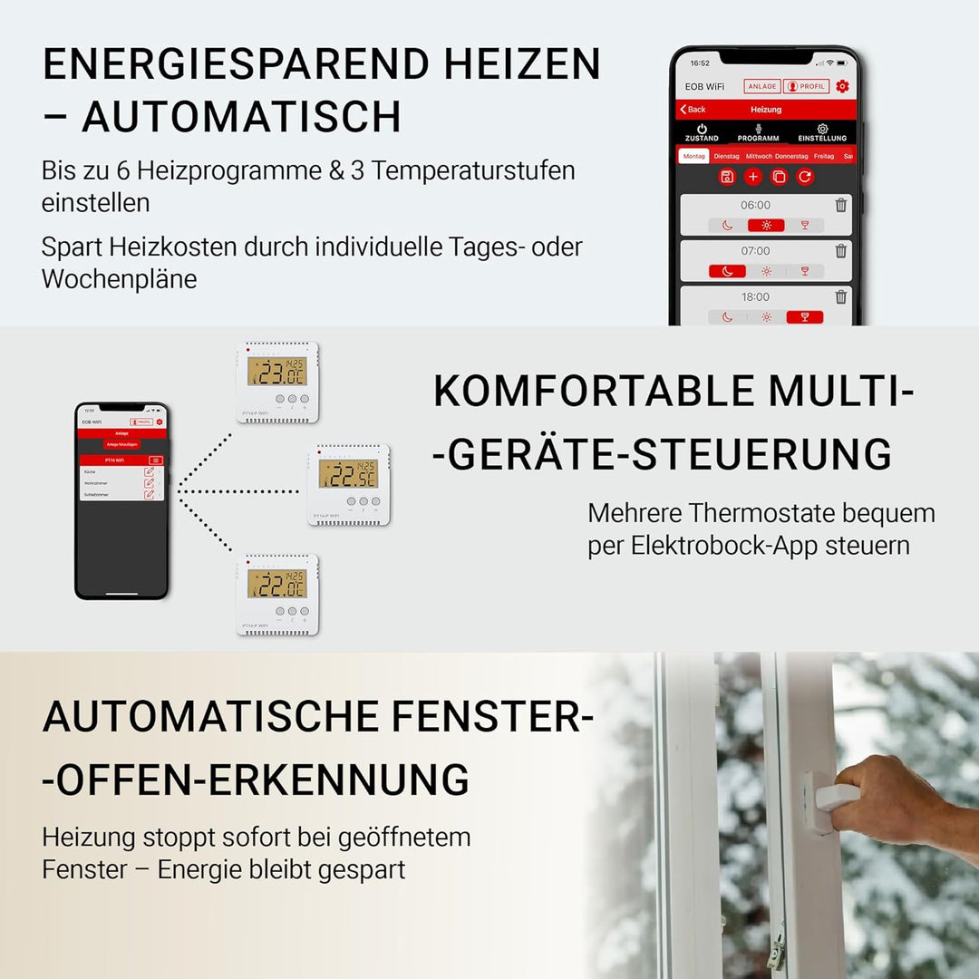 ELEKTROBOCK PT14-NP-P WiFi - Smart WLAN Raumthermostat 230V - Heizungssteuerung per APP – Aufputzmon