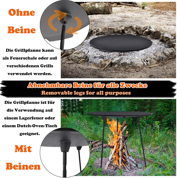 LZQ Gusseisengrillpfanne Rund Ø45cm, BBQ-Dreibein, Abnehmbare Grillplatte, Dutch Oven, Grillzubehör
