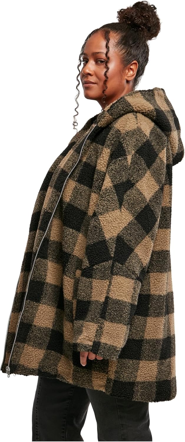 Urban Classics Damen Winter Jacke Ladies Oversized Check Sherpa Jacket mit Kapuze, Holzfäller Karo M