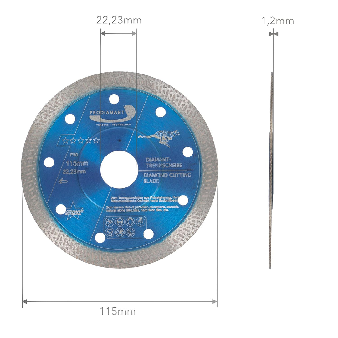 PRODIAMANT Profi Diamant-Trennscheibe 115 mm x 22,2 mm Fliese Feinsteinzeug F50 extra dünn für bis z