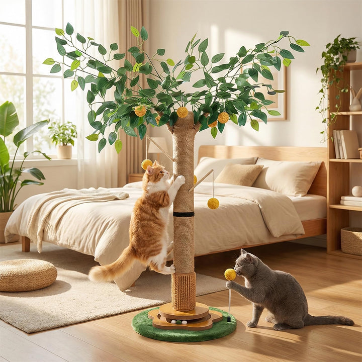 Kratzbaum für Katzen Kratzstamm mit Premium-Sisalseil Kratzsäul interaktiven baumelnden Bällen Spiel