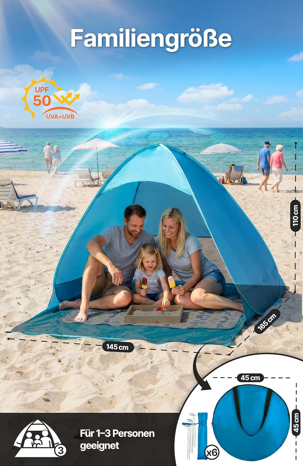 4smile Pop Up Strandmuschel mit UV-Schutz 50+, Strandzelt für 2-3 Personen, Windschutz &amp; Sonnenschut
