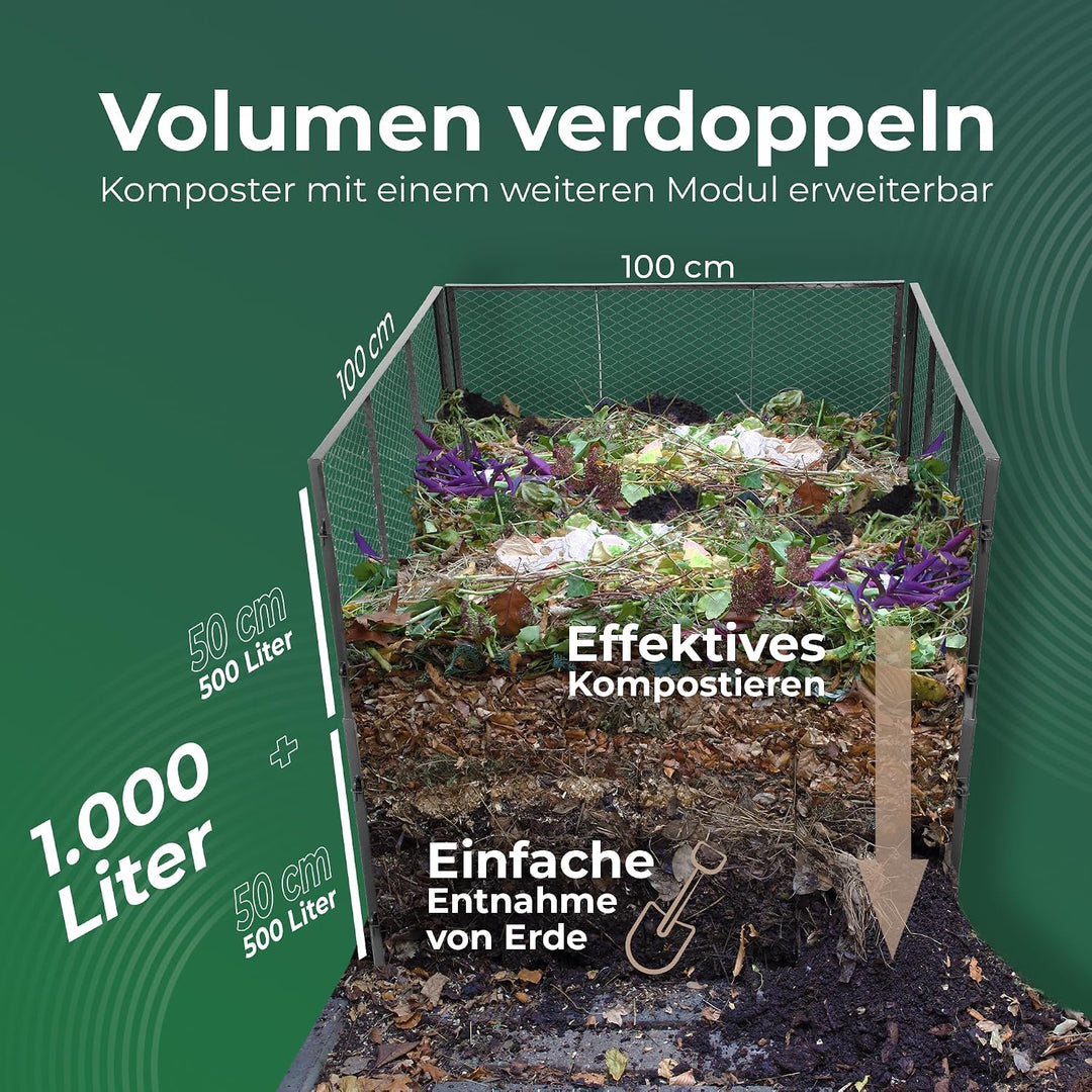 Novatool 2X Garten-Komposter Metall 500L+1000L, mit erweiterbarem Stecksytem, pulverbeschichteter Me
