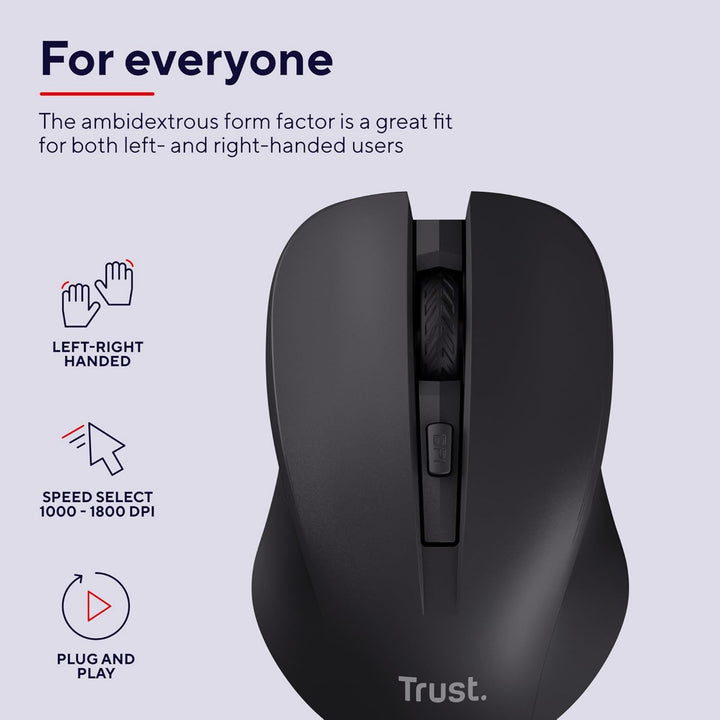 Trust Mydo Leise Funkmaus, 82% aus Recyclingkunststoff, 1000-1800 DPI, Verstaubarer USB Mikroempfäng