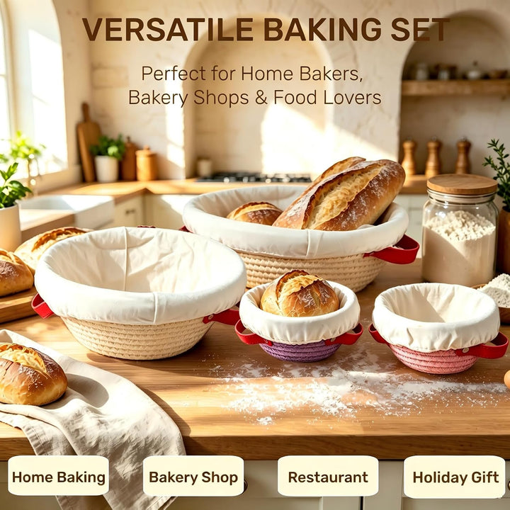 Baumwollseil Gärkörbchen Set 4-tlg. Oval 25cm, Rund 13 &amp; 23cm Sauerteigbrot | Atmungsaktives Baumwol