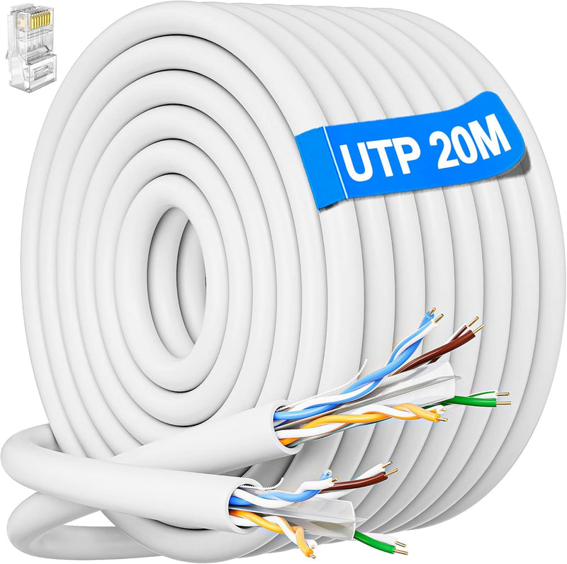 Lan Kabel 20 Meter, Cat 6 Netzwerkkabel Verlegekabel Weiss Ungeschirmt Lange Netzwerk Installationsk