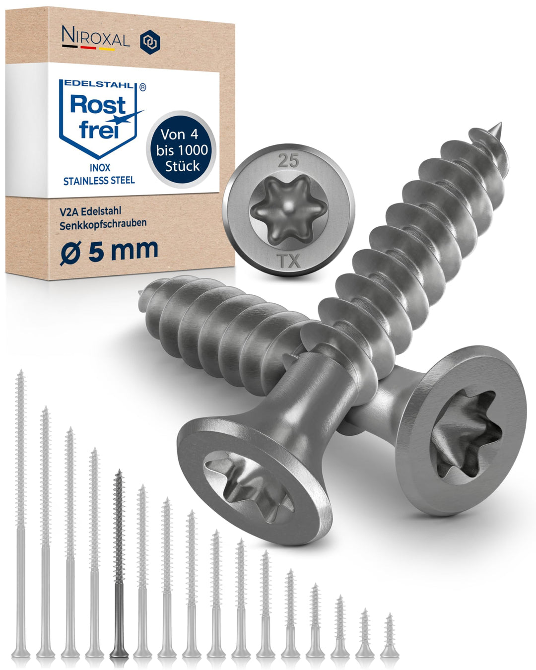 Schrauben Torx Edelstahlschrauben 5x70 Edelstahl V2A rostfrei Spanplattenschrauben für Holz Teilgewi