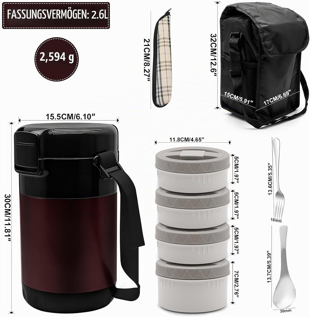 KATLKIU Thermobehälter Essen mit 4 Einzelnen Trennbehältern, Isolier-Lunchbox Edelstahl 2.6L, Auslau