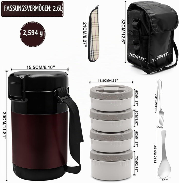 KATLKIU Thermobehälter Essen mit 4 Einzelnen Trennbehältern, Isolier-Lunchbox Edelstahl 2.6L, Auslau