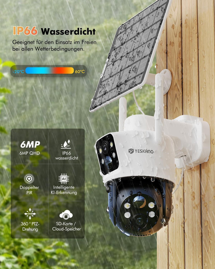 YESKANO 2K Überwachungskamera Aussen Solar, 360° PTZ Solar Kamera Outdoor mit Dual Objektiv, Kabello