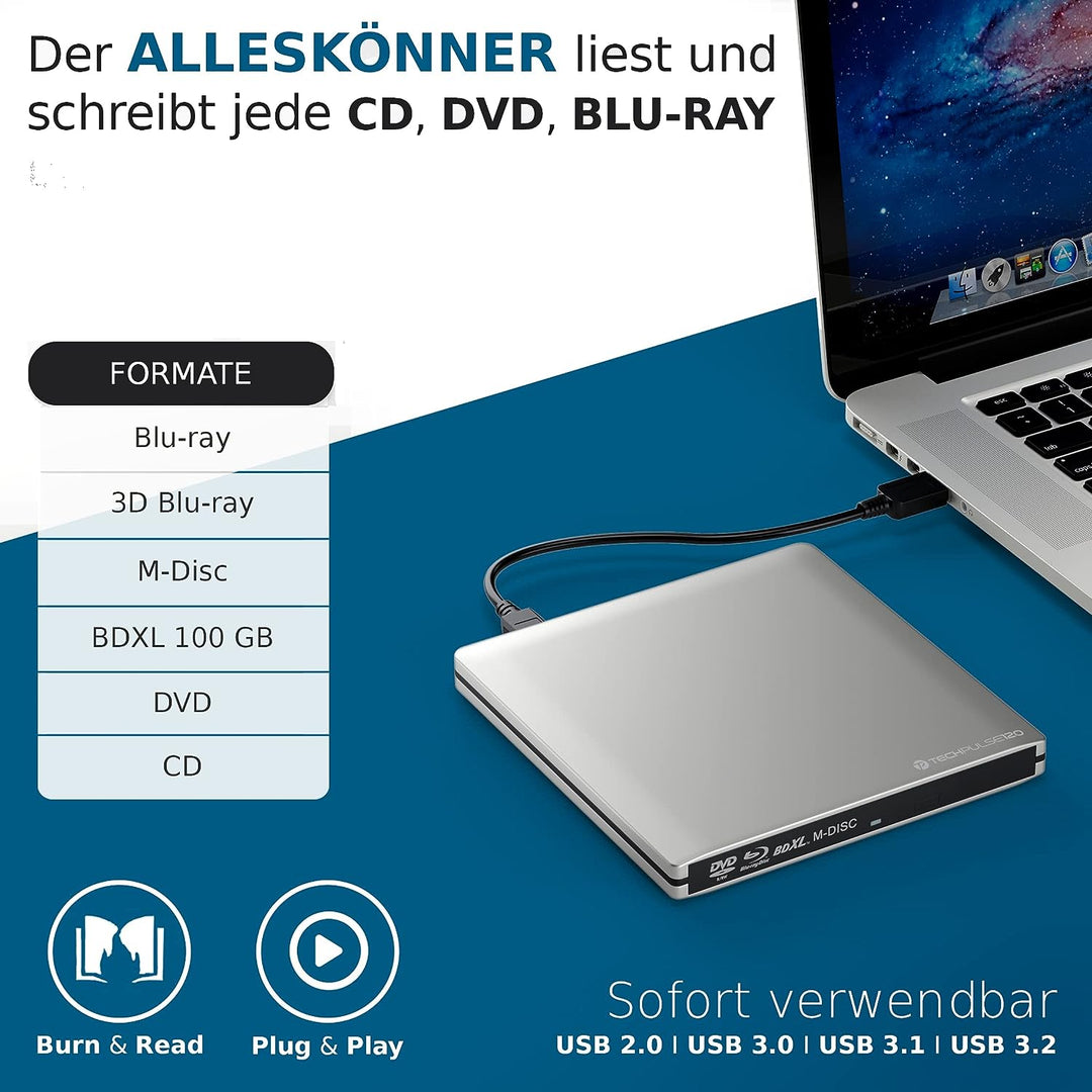 techPulse120 USB 3.0 Typ-C externer Blu-ray Brenner 3D M-Disc BDXL 100GB Burner Superdrive Blueray L