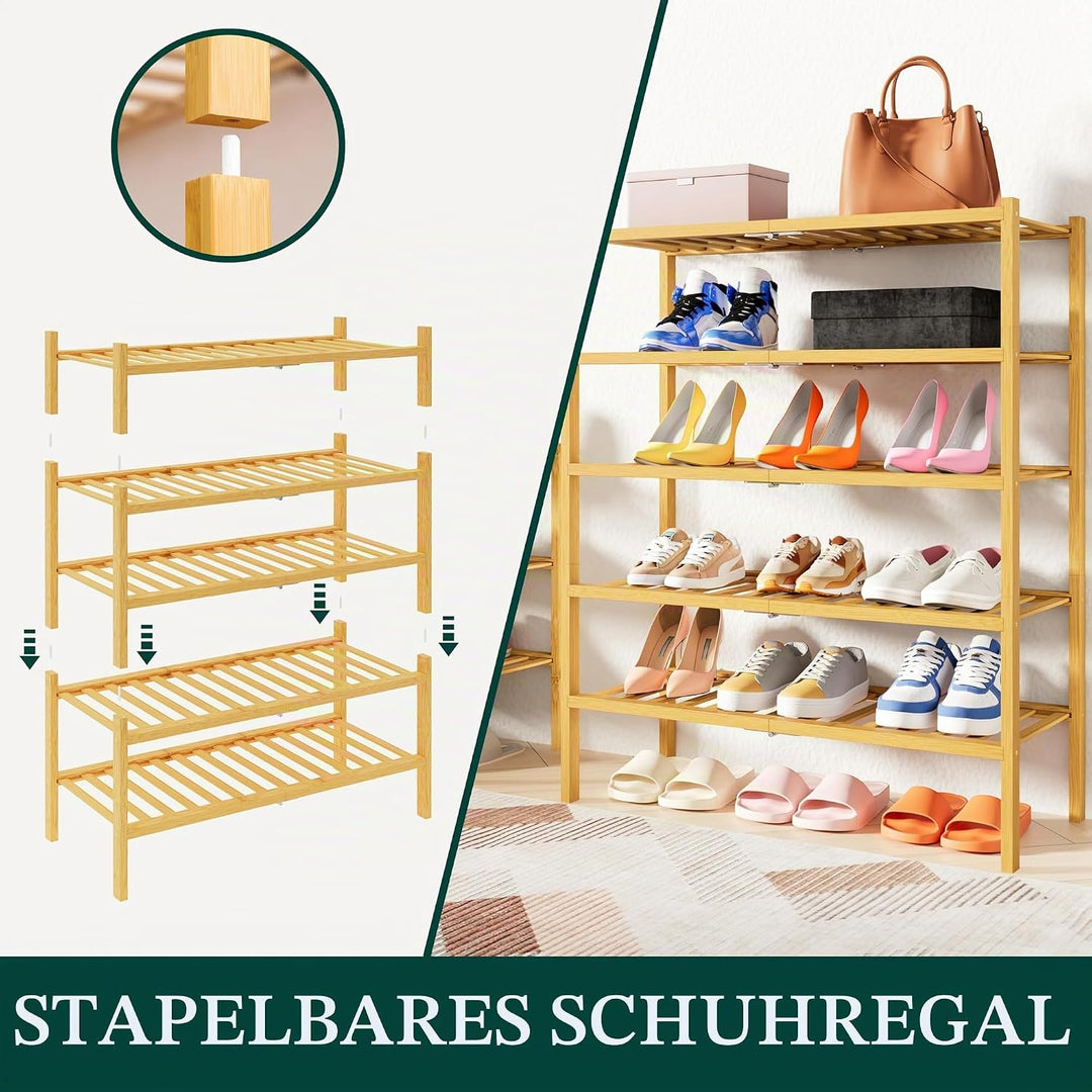 smiry Schuhregal mit 3 Ebenen, Platzsparende Schuhablage, Stapelbar Schuhorganizer, Bambus Regal für