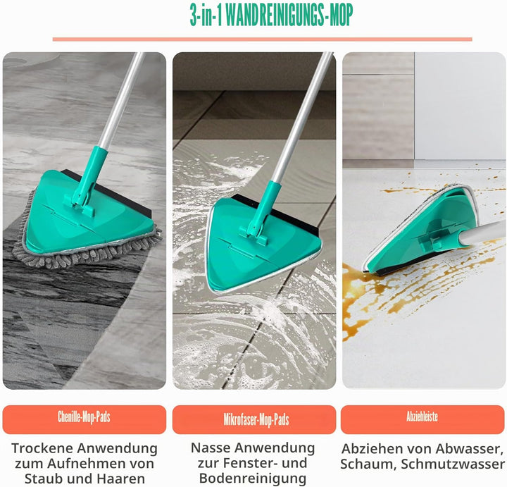 JEHONN Bodenwischer Wischmopp mit Langem Griff 200CM, 3-In-1 Wand Mop mit 6 Ersatz Mikrofaser Chenil
