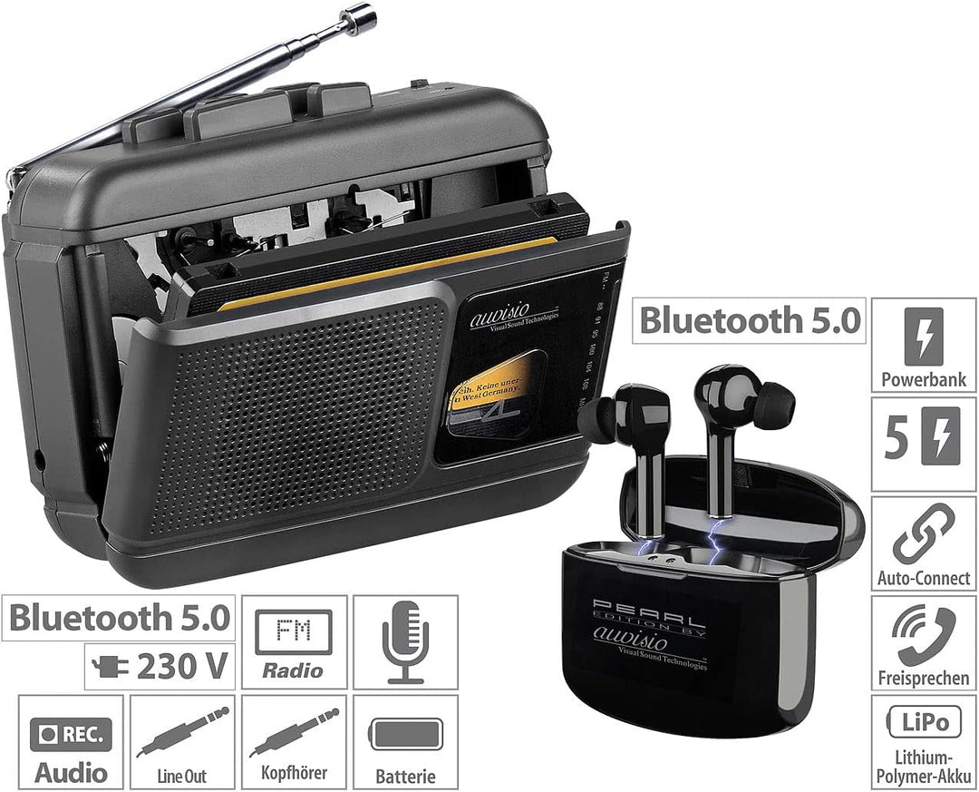 auvisio Kassettenrecorder: Mobiler Kassettenspieler, Bluetooth-Transmitter + In-Ear-Headseat (Kasset