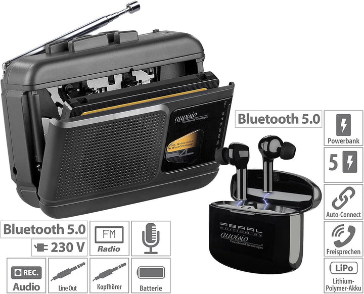 auvisio Kassettenrecorder: Mobiler Kassettenspieler, Bluetooth-Transmitter + In-Ear-Headseat (Kasset