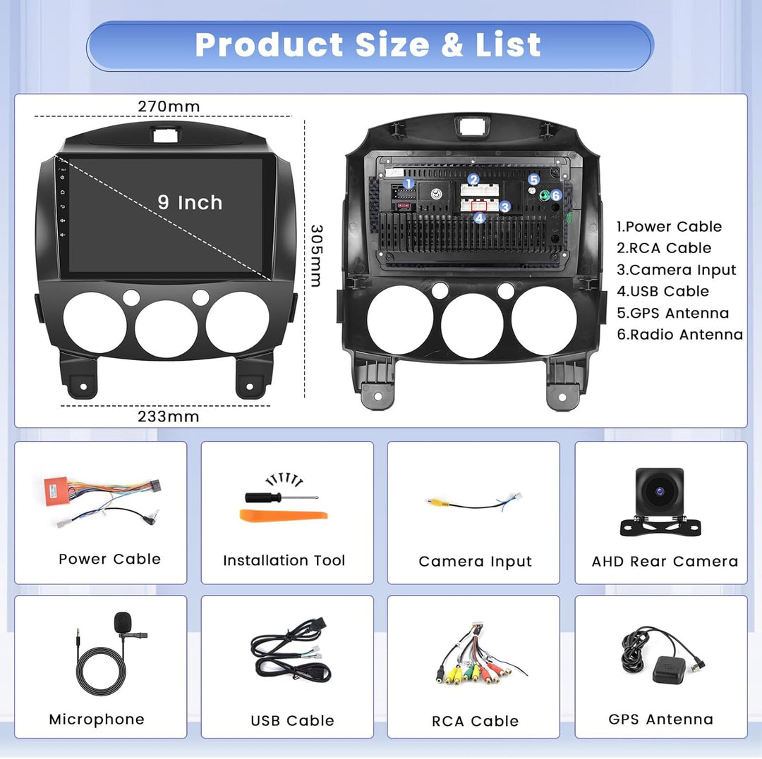 Hikity 8 Core 4GB+64GB Android 15 Autoradio für Mazda 2 2007-2014 Radio Wireless CarPlay Android Aut
