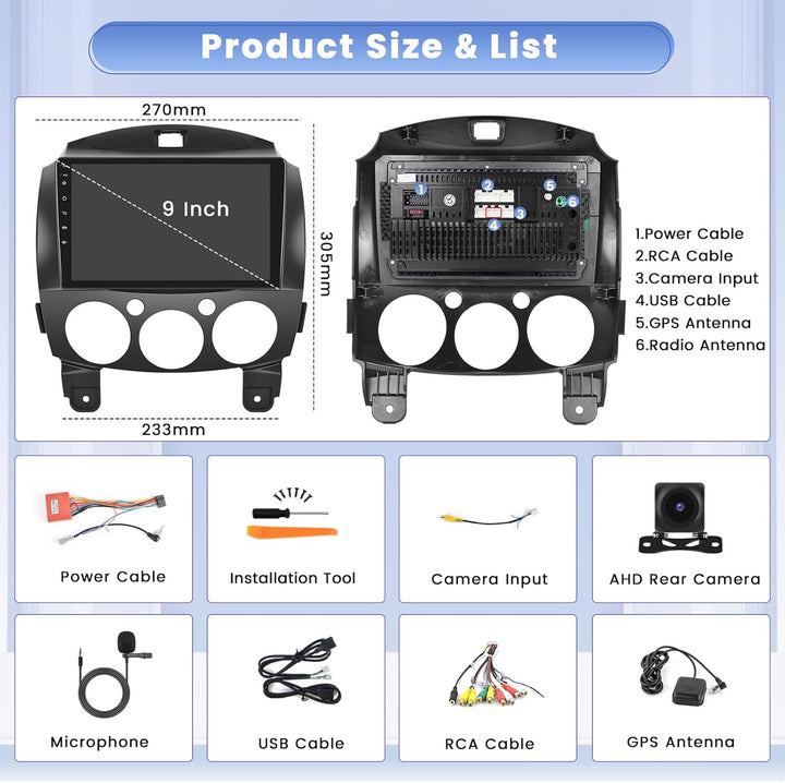 Hikity 8 Core 4GB+64GB Android 15 Autoradio für Mazda 2 2007-2014 Radio Wireless CarPlay Android Aut