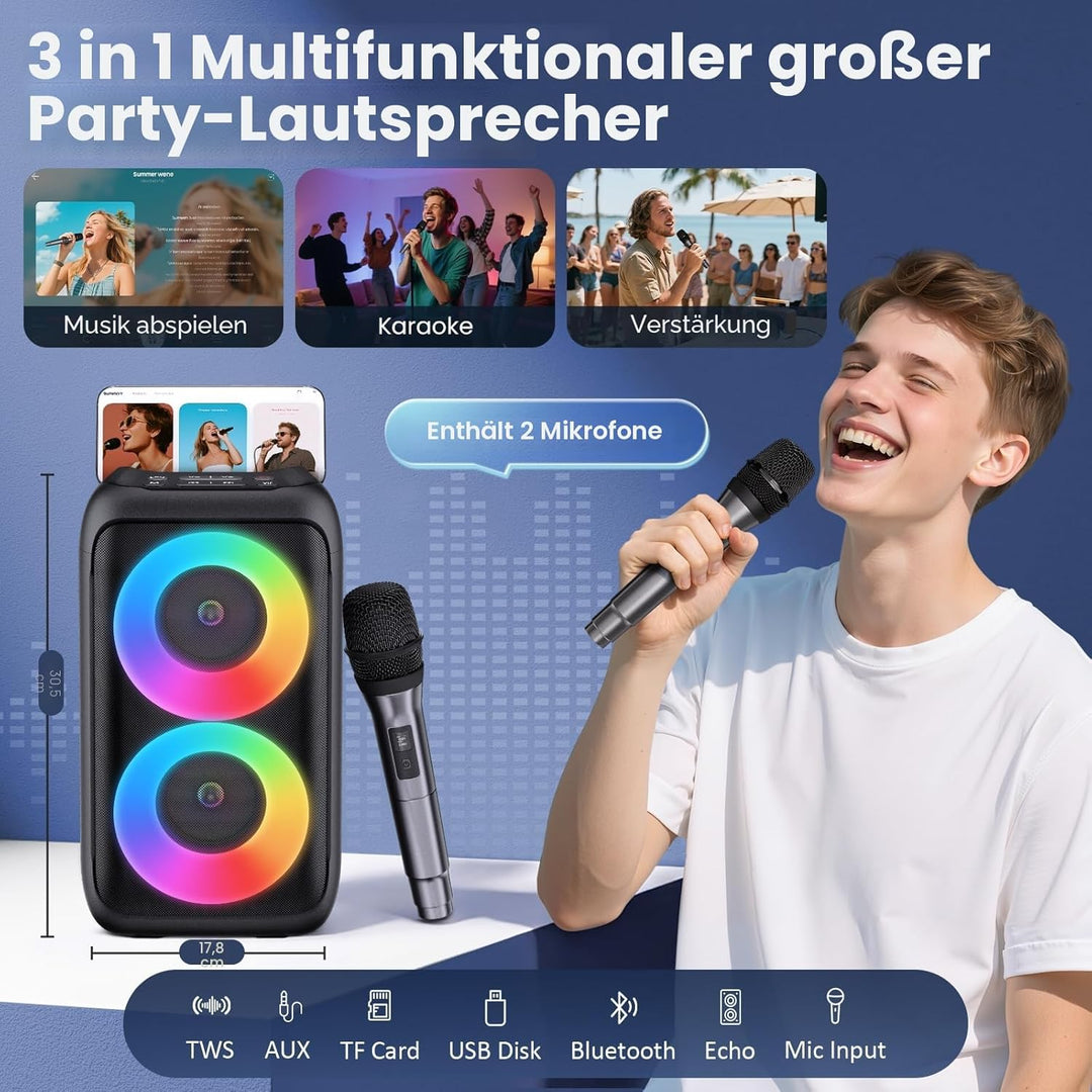 Karaoke Maschine mit 2 kabellosen Mikrofonen – 2x10W Tragbarer Bluetooth Lautsprecher, unterstützt T