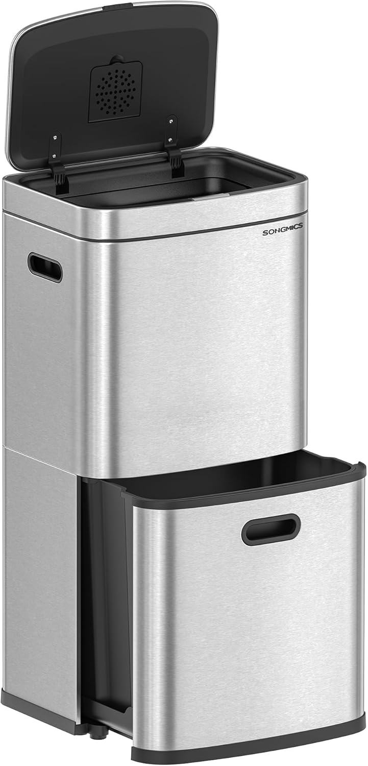 SONGMICS Mülleimer Küche, Mülltrennsystem 3 Fächer, 2 x 10 L und 30 L, Abfalleimer aus Stahl, platzs
