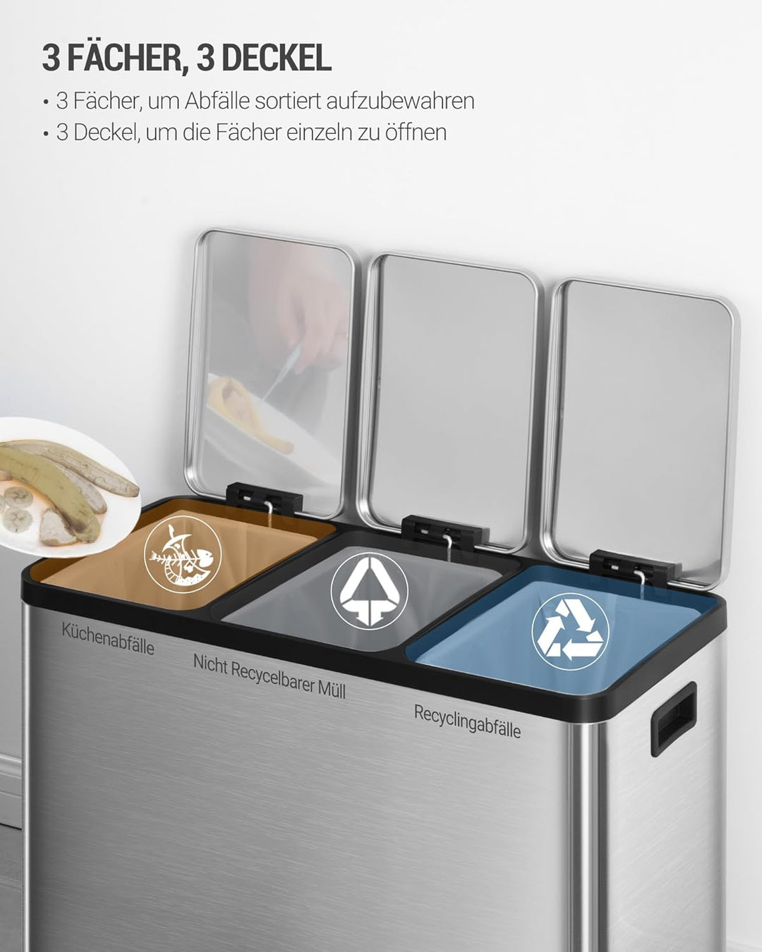 Hzuaneri Mülleimer Küche, Mülltrennsystem 3 Fächer 45L (3 x 15 L), Edelstahl-küchenmülleimer, Tretmü