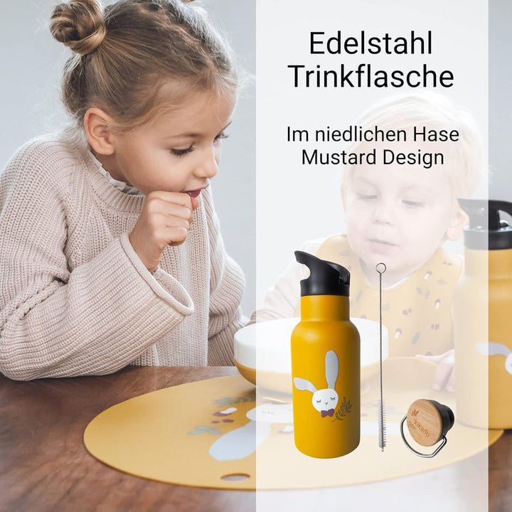 kikadu Trinkflasche Hase Senfgelb - - Kindergeschirr, BPA-frei, 18/8 Edelstahl, mit niedlichen Aufdr