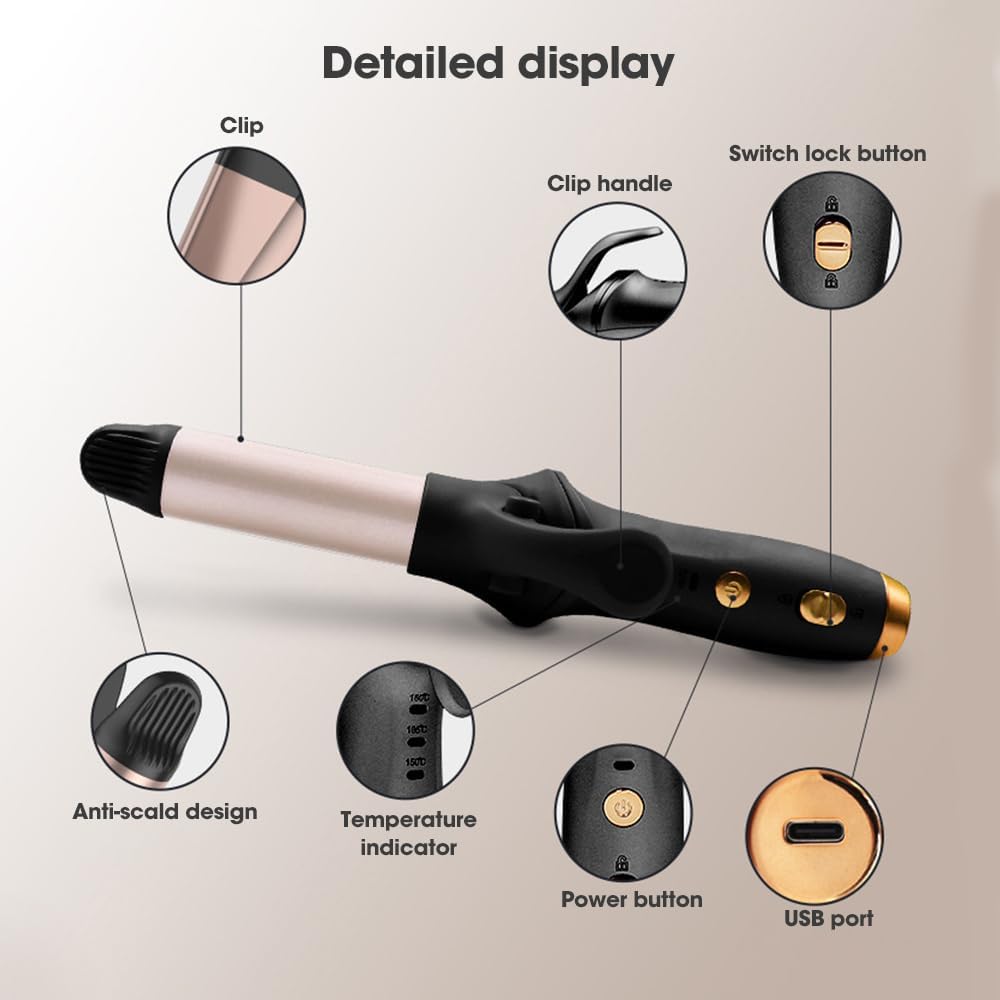 Kabelloser Lockenstab, 21,5 mm Reise Mini Hair Curler, USB Wiederaufladbar Lockenstab mit 3 Einstell