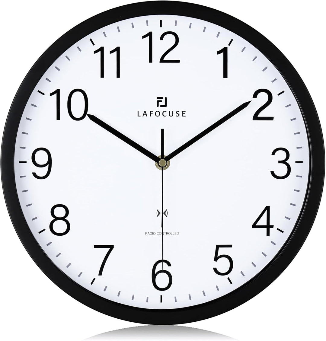 Lafocuse Funk Wanduhr Lautlos 30cm, Modern Funkuhr Hohe Genauigkeit, Schwarz Einfach zu Lesen Wanduh