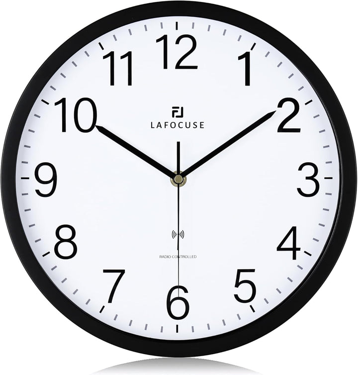 Lafocuse Funk Wanduhr Lautlos 30cm, Modern Funkuhr Hohe Genauigkeit, Schwarz Einfach zu Lesen Wanduh