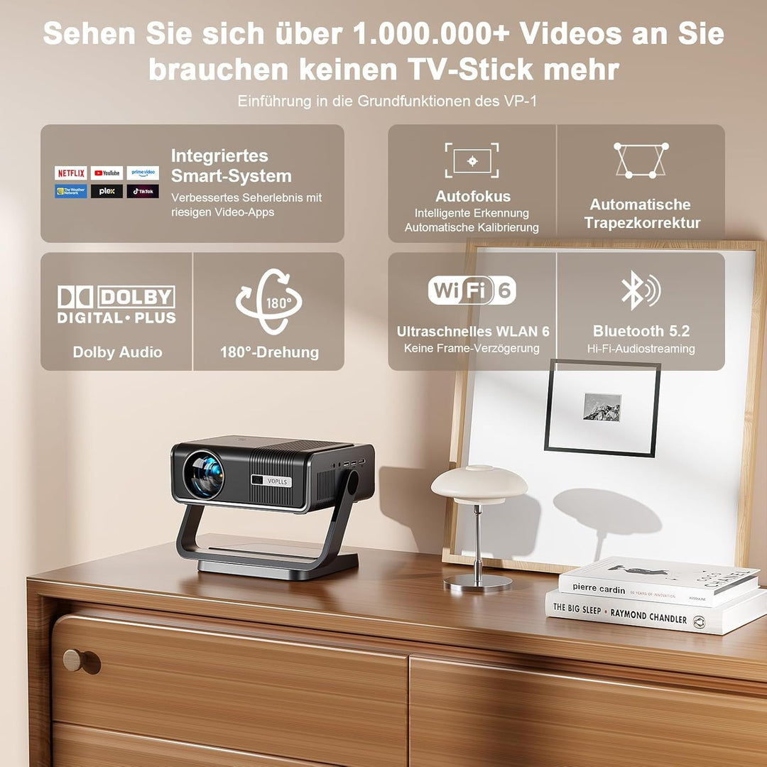 Smart Beamer 4K【Netflix-Fähig &amp; Dolby Audio】 Auto Fokus/6D Trapezkorrektur Beamer Full HD 1080P, VOP