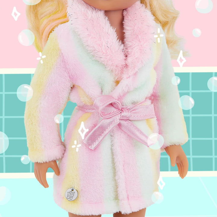 Glitter Girls - 36 cm Puppenkleidung - Badeoutfit mit Hausschuhen - Regenbogen Bademantel, Handtuch