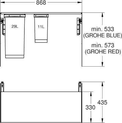 GROHE Blue Accessoires | Mülltrennsystem - Trennung 2-fach, 1 x 11 l & 1 x 29 l | grau | 40982000 Tr