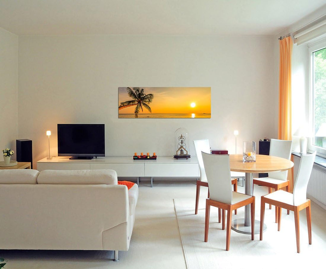 Panoramabild auf Leinwand und Keilrahmen 120x40cm Strand Meer Palme Sonnenuntergang