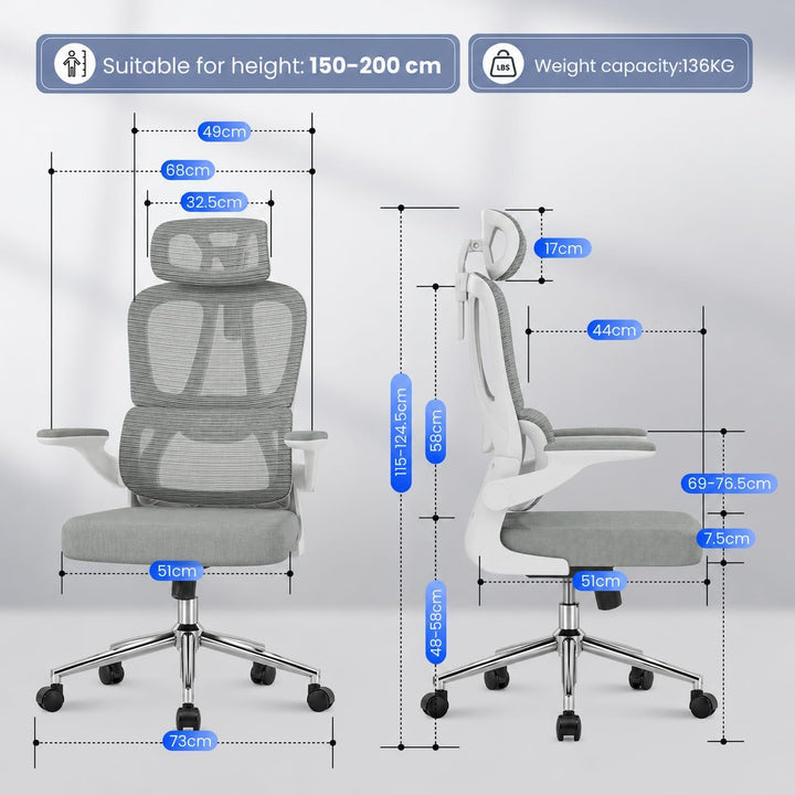 FLEXISPOT Ergonomischer Bürostuhl, Schreibtischstuhl mit 2D-Kopfstütze, Klappbare Armlehnen & Dynami