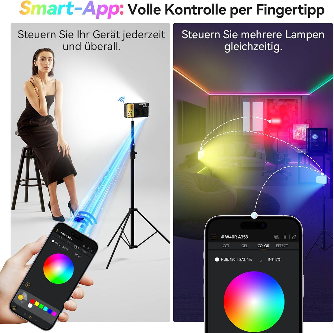Moman Kleines LED-Kameralicht 40W, Full RGB Videoleuchten mit Diffusor, APP-Steuerung, 2500-9000K, C