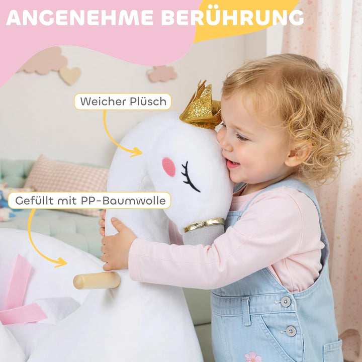 AIYAPLAY Schaukeltier, Schwan-Schaukel mit Schlaflied, weicher Füllung, Holzrahmen, Sicherheitsgurt,