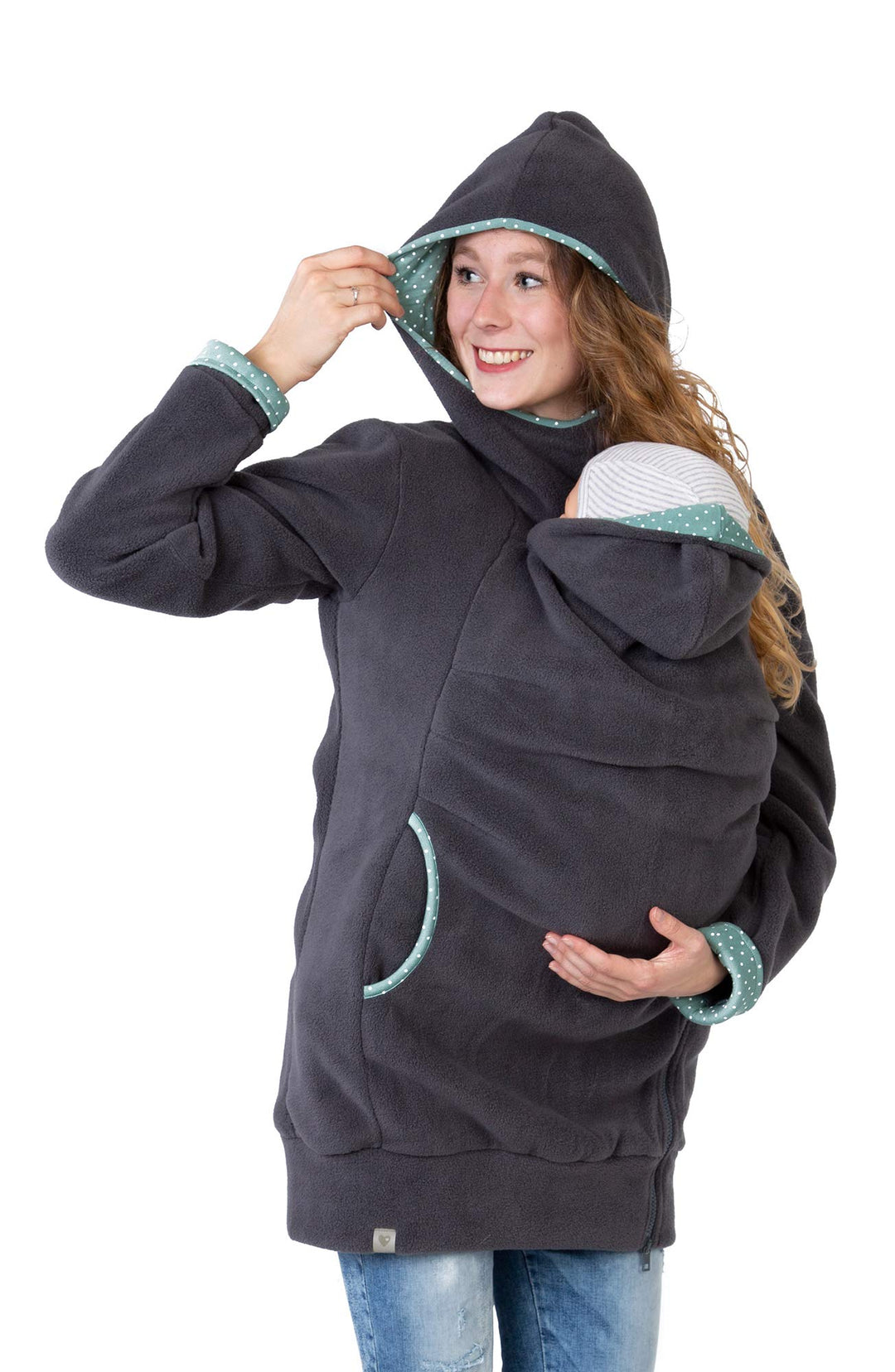 Viva la Mama Kängurujacke, Tragejacke für Baby aus Fleece - AHOI S Anthrazit / Punkte Mintgrün, S An